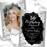 Elegant Photo Silver Black White 50th Birthday Invitation<br><div class="desc">Elegant floral feminine 50th birthday invitation with your photo at the back of the card. Glam design with faux silver. Features white roses, script font and confetti. Perfect for a stylish adult bday celebration party. Personalise with your own details. Can be customised for any age! Printed Zazzle invitations or instant...</div>