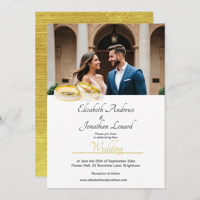 Elegant Photo Simple Gold Colour Wedding Invite (Front/Back)