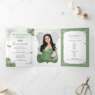 Elegant Photo Spanish Sage Green Silver Quince Tri-Fold Invitation