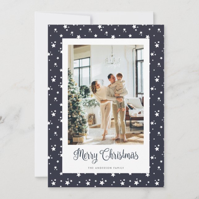 Elegant Photo Stars Blue Merry Christmas Card (Front)