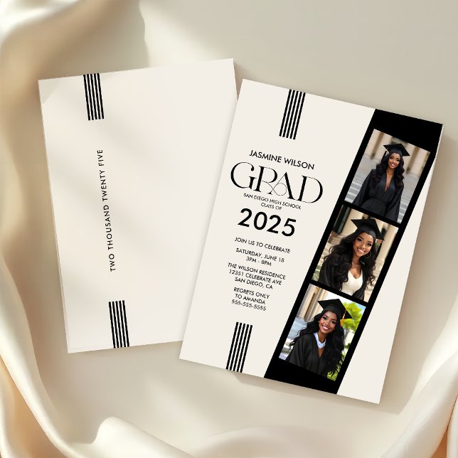 Elegant Photo Strip Graduation Party Invitation (Elegant 3 Photo Graduation Party Invitation)