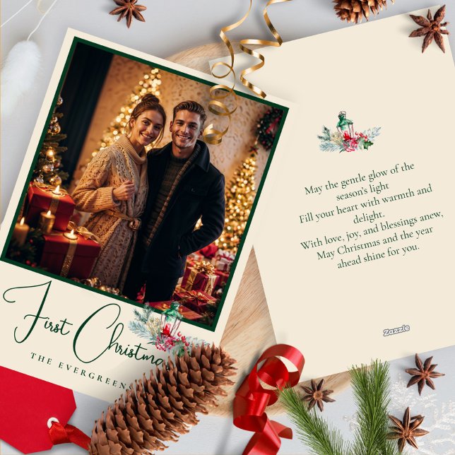 Elegant Photo Watercolor Pines Merry Christmas Holiday Card (Creator Uploaded)