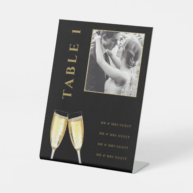 Elegant Photo Wedding Champagne Table Number Pedestal Sign (Front)