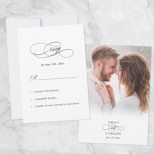 Elegant Photo Wedding Modern Names & Date Black RSVP Card (Creator Uploaded)