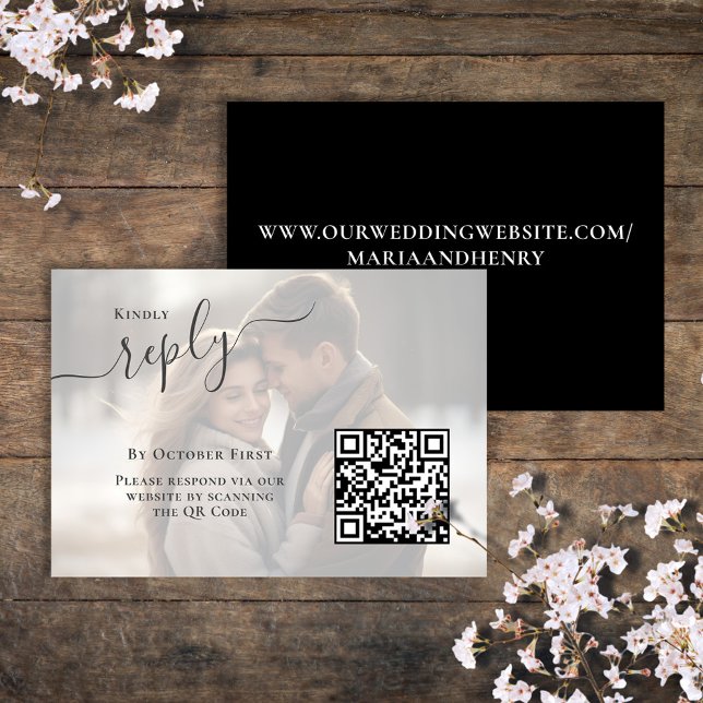 Elegant Photo Wedding RSVP Qr Code  Card (Black and white photo reply card with elegant calligraphy script. )
