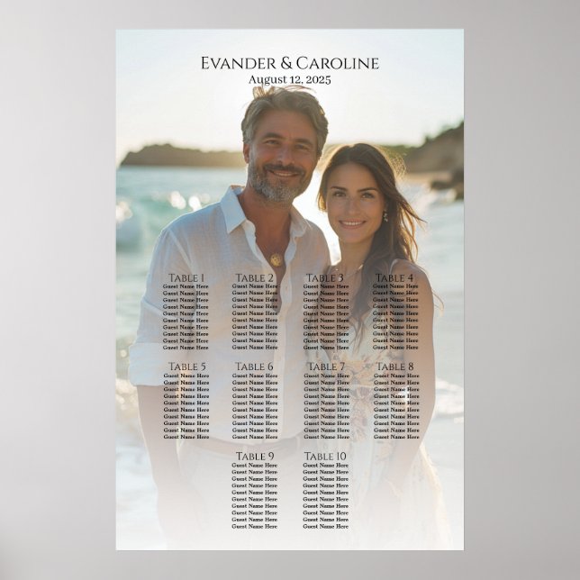 Elegant photo wedding seating chart 10 tables (Front)