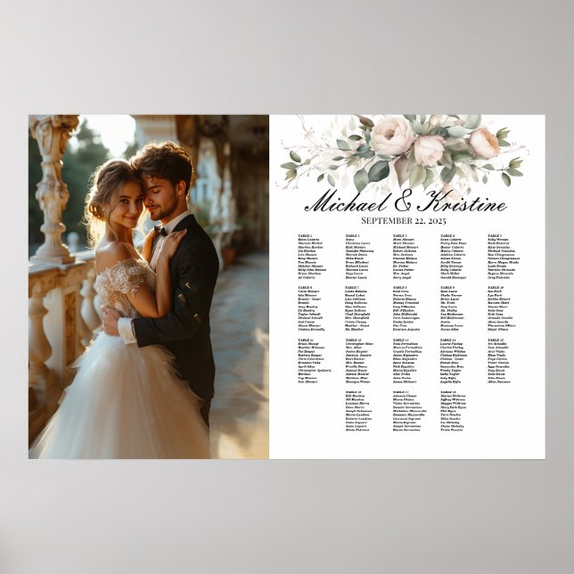 Elegant photo wedding seating chart, 18 tables poster (Front)