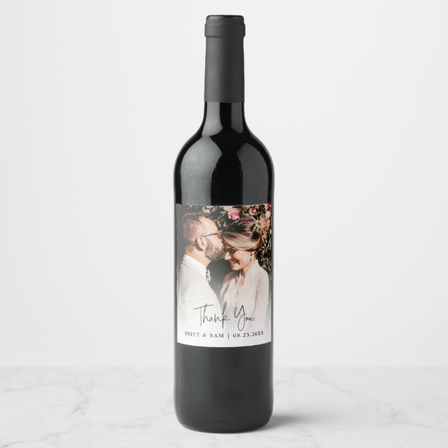 Elegant Photo Wedding Thank You Script Wine Label (Front)