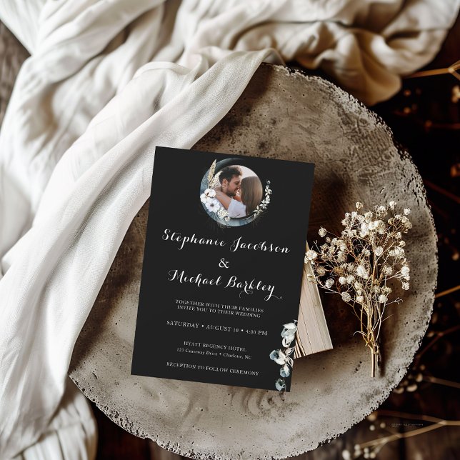 Elegant Photo Wreath Black White Wedding Invite (Creator Uploaded)