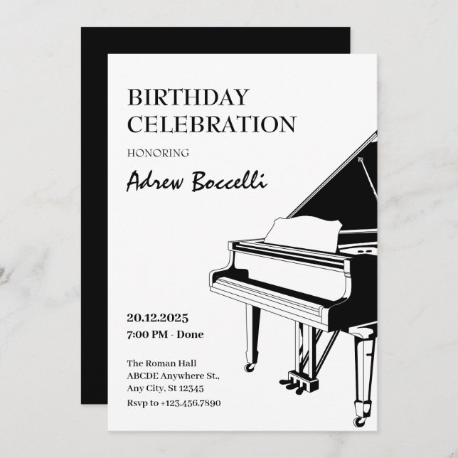 Elegant Piano classical birthday Invitation (Front/Back)