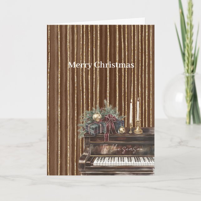 Elegant Piano Gold Brown Stripes Christmas Card (Front)