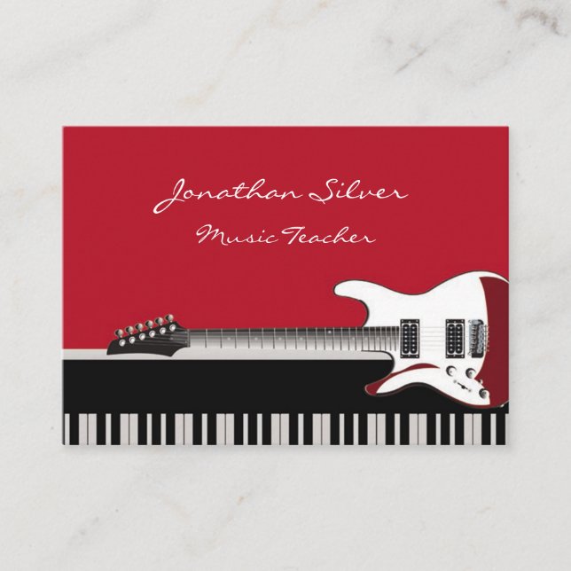 Elegant Piano & Guitar Music Teacher Business Card (Front)