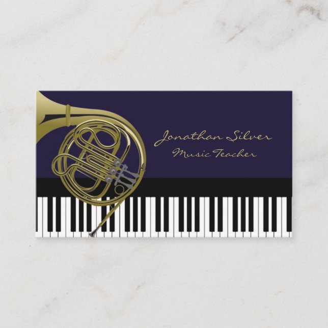 Elegant Piano Keys & French Horn Music Business Card (Front)
