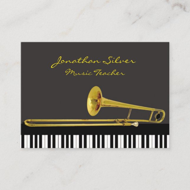 Elegant Piano Keys & Trombone Music Teacher Business Card (Front)