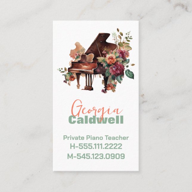 Elegant Piano Teacher Watercolor Art Business Card (Front)