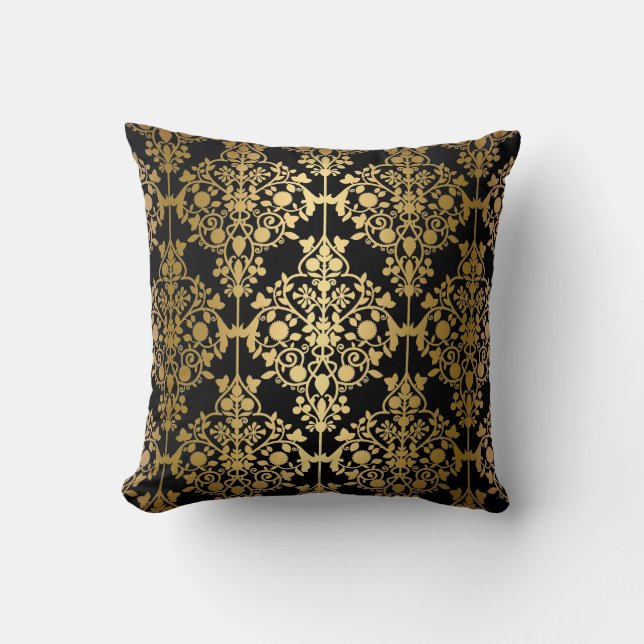 Elegant Pillow Black Gold Damask Floral (Front)