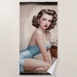 Elegant Pin-Up Girl Beauty In Satin Blue Attire Beach Towel