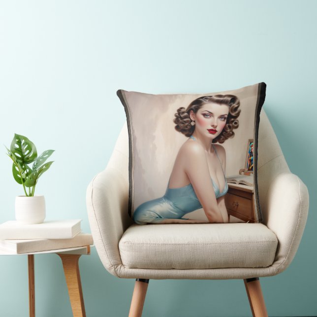 Elegant Pin-Up Girl Beauty In Satin Blue Attire Cushion (Chair)