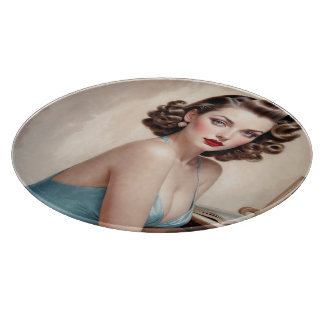 Elegant Pin-Up Girl Beauty In Satin Blue Attire Cutting Board