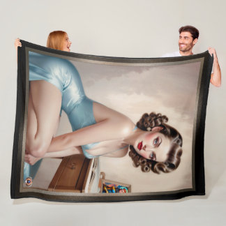 Elegant Pin-Up Girl Beauty In Satin Blue Attire Fleece Blanket