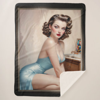 Elegant Pin-Up Girl Beauty In Satin Blue Attire Sherpa Blanket