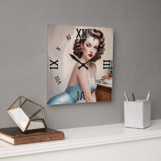Elegant Pin-Up Girl Beauty In Satin Blue Attire Square Wall Clock