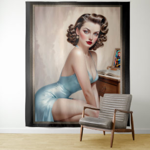 Elegant Pin-Up Girl Beauty In Satin Blue Attire Tapestry