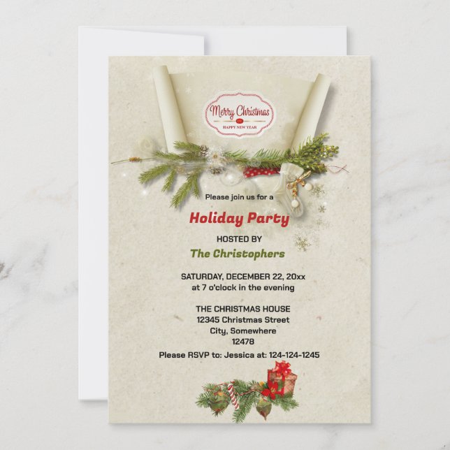 elegant Pine and gifts beige Christmas  Invitation (Front)