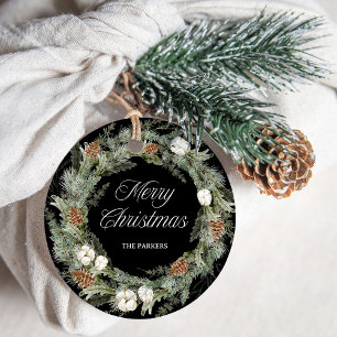 Elegant Pine and Greenery Black   Merry Christmas Favour Tags