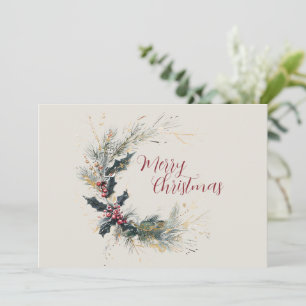 Elegant Pine and Holly Wreath with Gold Accents Holiday Card