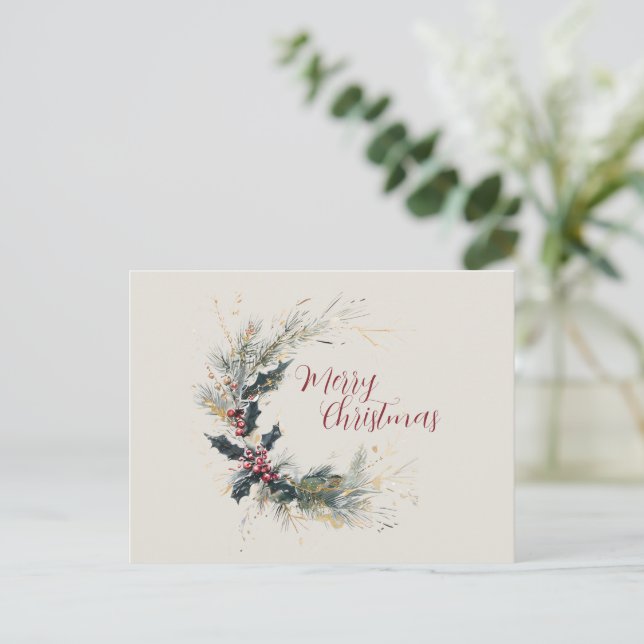 Elegant Pine and Holly Wreath with Gold Accents Holiday Postcard (Standing Front)