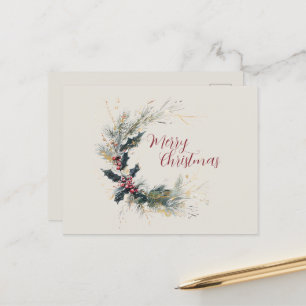 Elegant Pine and Holly Wreath with Gold Accents Postcard
