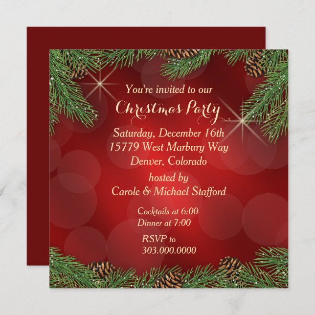 Elegant Pine Bough Red Gold Christmas Party Invitation (Front/Back)