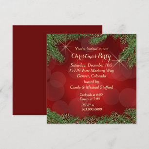 Elegant Pine Bough Red Gold Christmas Party Invitation
