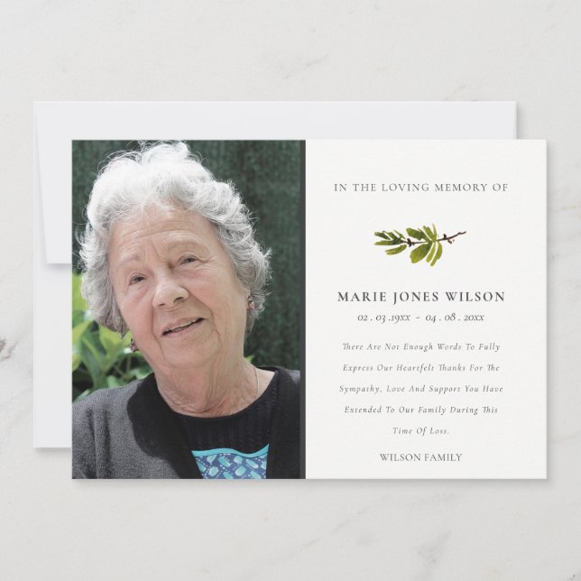 Elegant Pine Branch Fauna Photo Sympathy Memorial Thank You Card (Front)