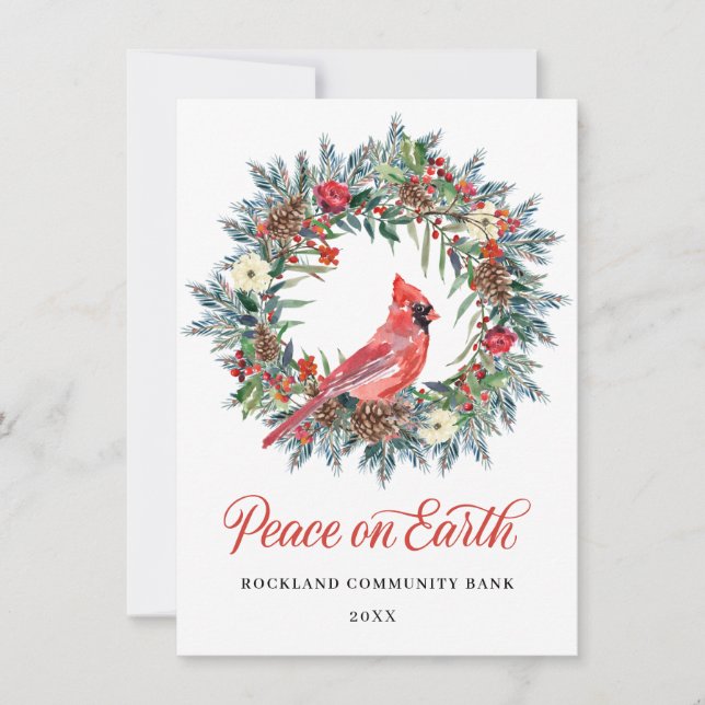 Elegant Pine Christmas Wreath Cardinal Corporate H Holiday Card (Front)