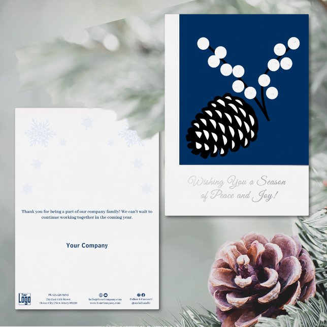 Elegant Pine Cone Foil Business Holiday Card (Elegant Pine Cone Foil Business Holiday Card, Black, White and Blue)