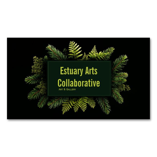 Elegant Pine Fern Evergreen Black Botanical Magnetic Business Card (Front)