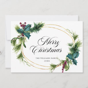 Elegant Pine Fir Holly Berry Christmas Greeting Holiday Card