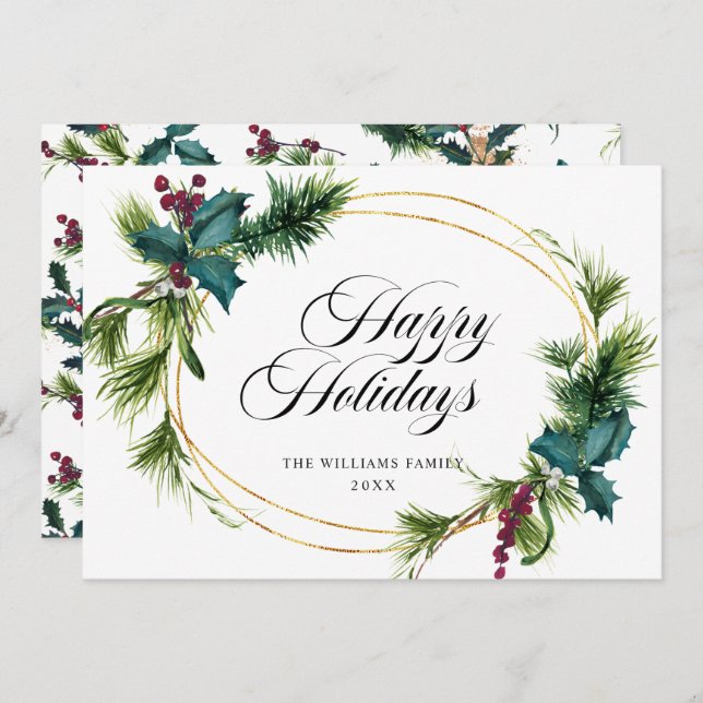 Elegant Pine Fir Holly Berry Christmas Greeting Holiday Card (Front/Back)