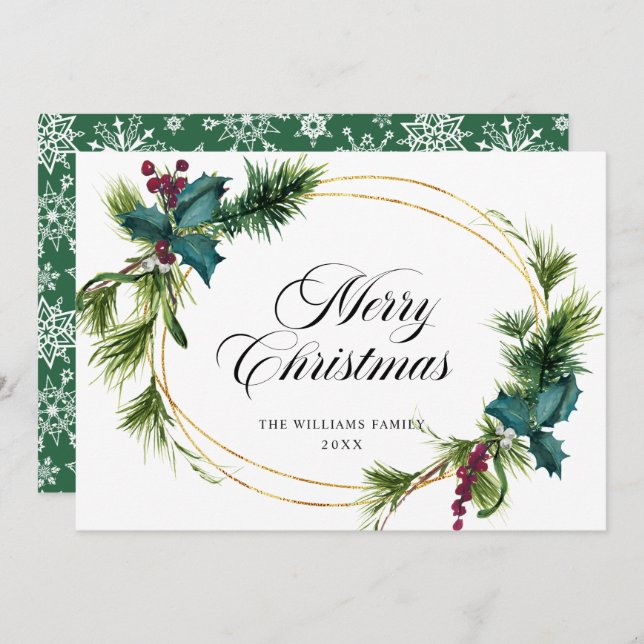 Elegant Pine Fir Holly Berry Christmas Greeting Holiday Card (Front/Back)