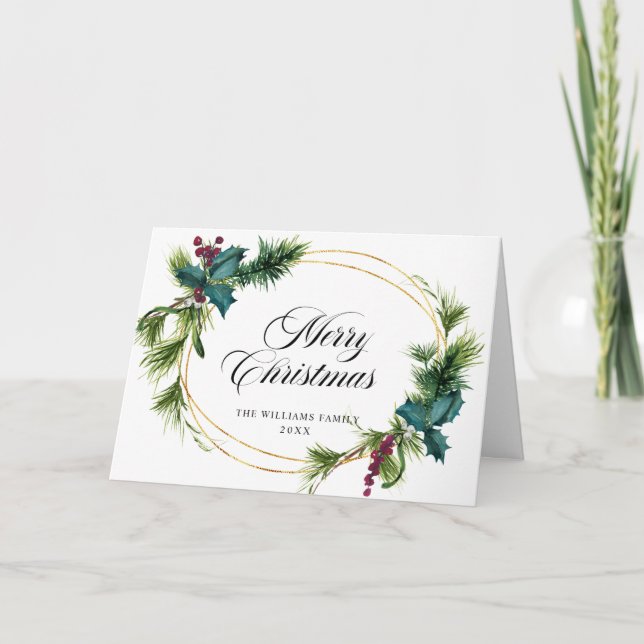 Elegant Pine Fir Holly Berry Christmas Greeting Holiday Card (Front)