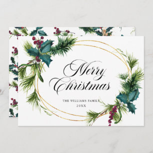 Elegant Pine Fir Holly Berry Christmas Greeting Holiday Card