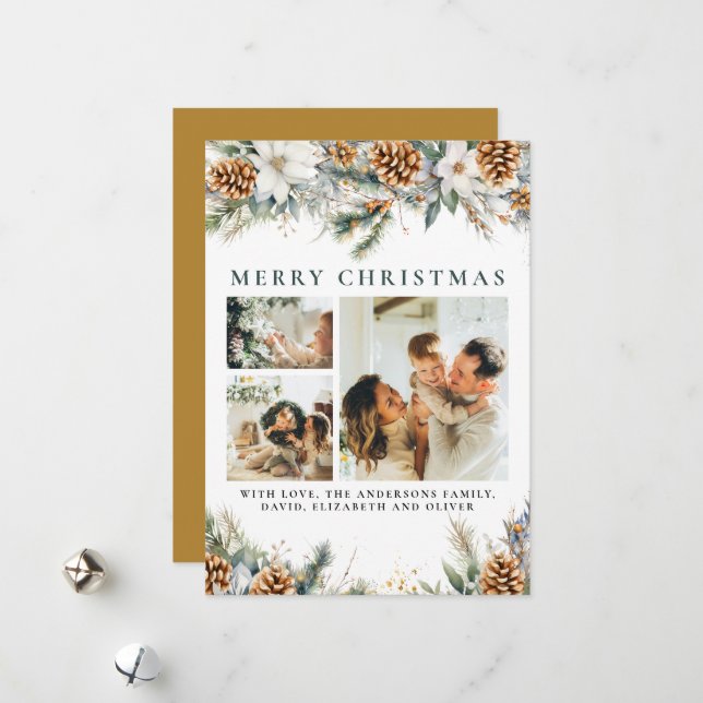 Elegant Pine Foliage | Botanical Gold Christmas Holiday Card (Front/Back In Situ)
