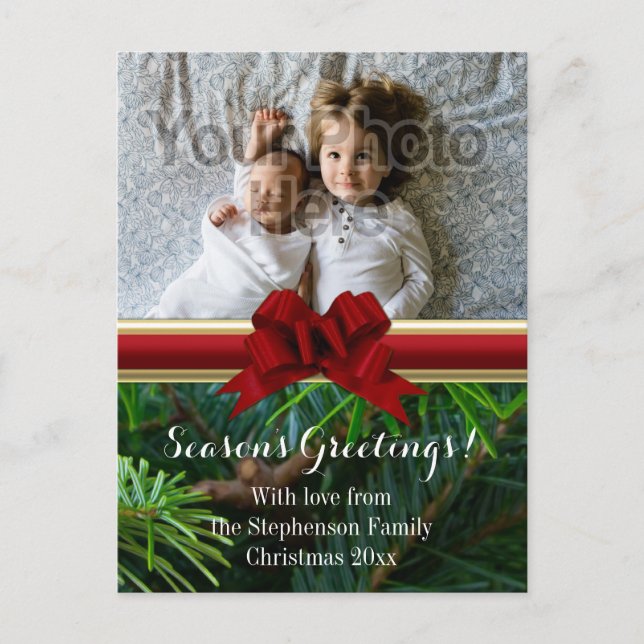 Elegant Pine Gold Red Bow Christmas Holiday Postcard (Front)