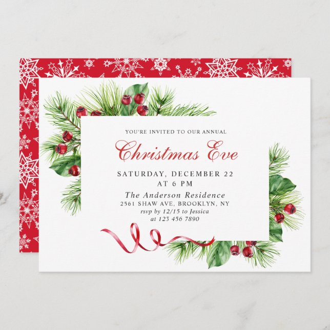 Elegant Pine Holly Berry Holiday Christmas Eve Invitation (Front/Back)