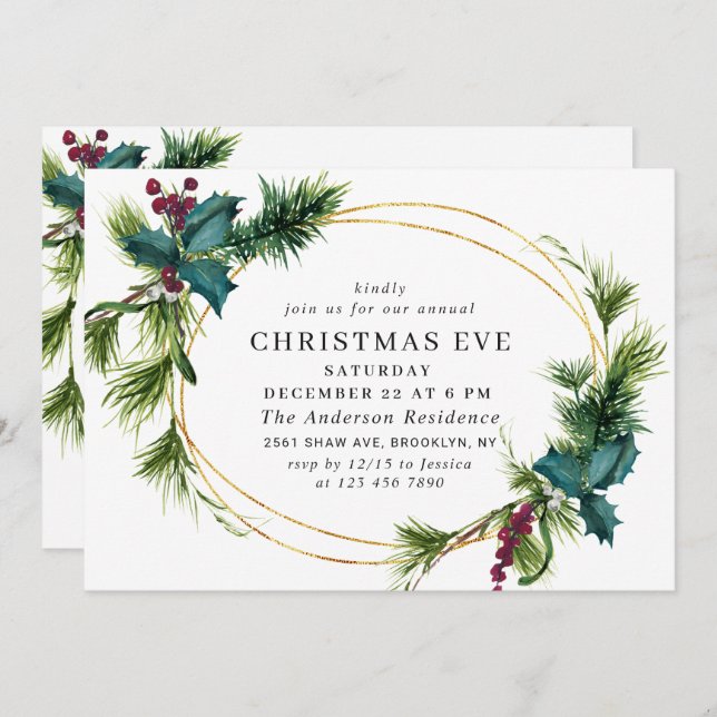 Elegant Pine Holly Berry Holiday CHRISTMAS EVE Invitation (Front/Back)