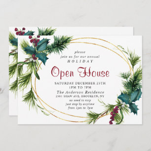 Elegant Pine Holly Christmas Holiday Open House Invitation