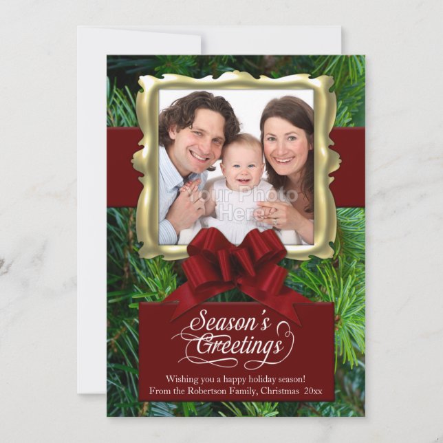 Elegant Pine/Red/Gold Frame Photo Christmas Card (Front)