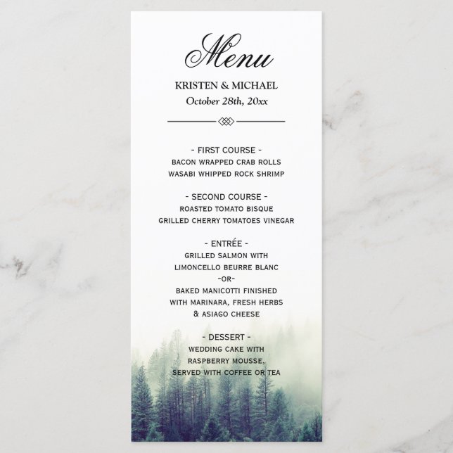 Elegant Pine Tree Forest Nature Wedding Menu (Front)